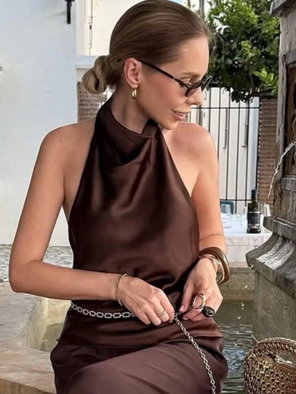 Brown Satin Cowl Halter Draped Neck Low Back Blouse Top